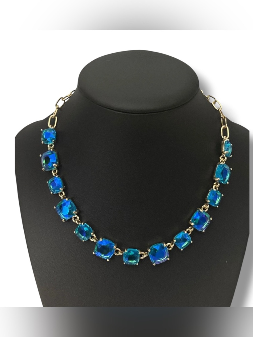Blue AB Cushion Cut Glass Link Gold Necklace
